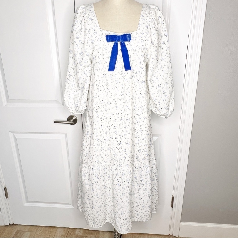 Taylor Tillman SJP Cecelia Dress White Floral Dress Blue Bow Size Small - Picture 3 of 12